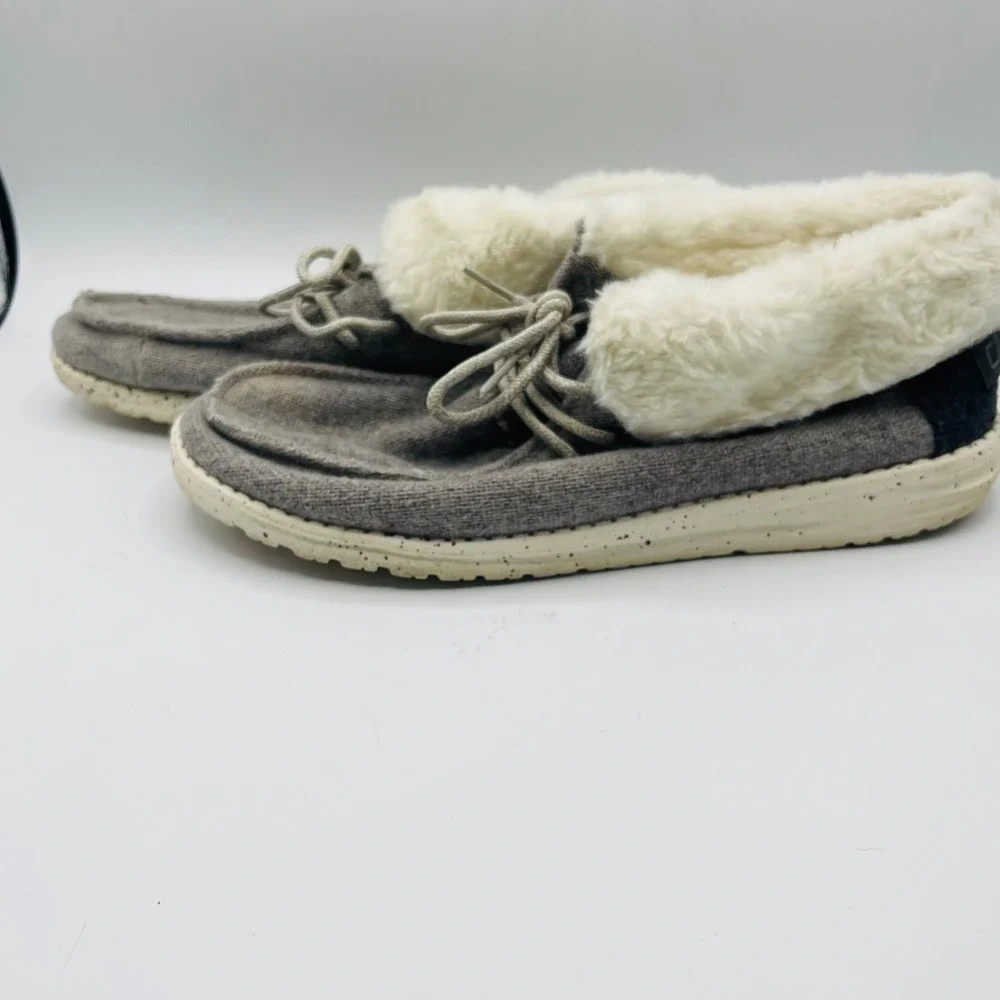 Hey Dude Britt Charcoal Women 8 Grey Faux Fur Lined Wool Blend Ankle Booties
